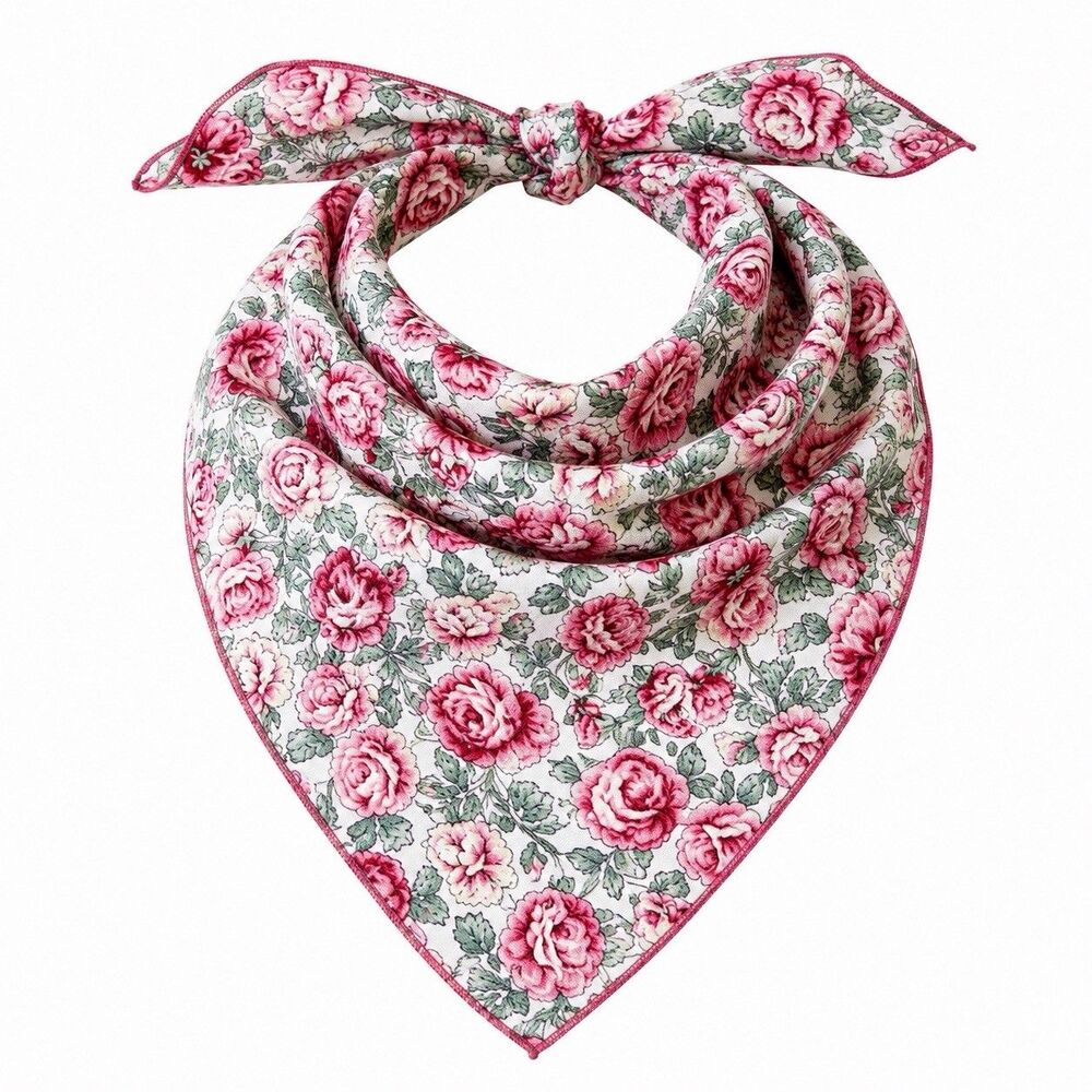 Vintage 1950s Floral Cotton Neckerchief Bandana Square Scarf Pink Rose  16”